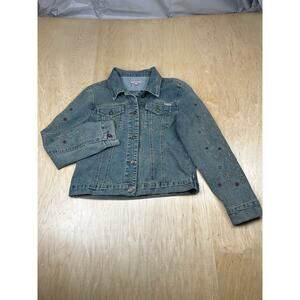 Max Studio Jeans Womens Denim Jacket M Blue Floral Embroidered Sleeves GC